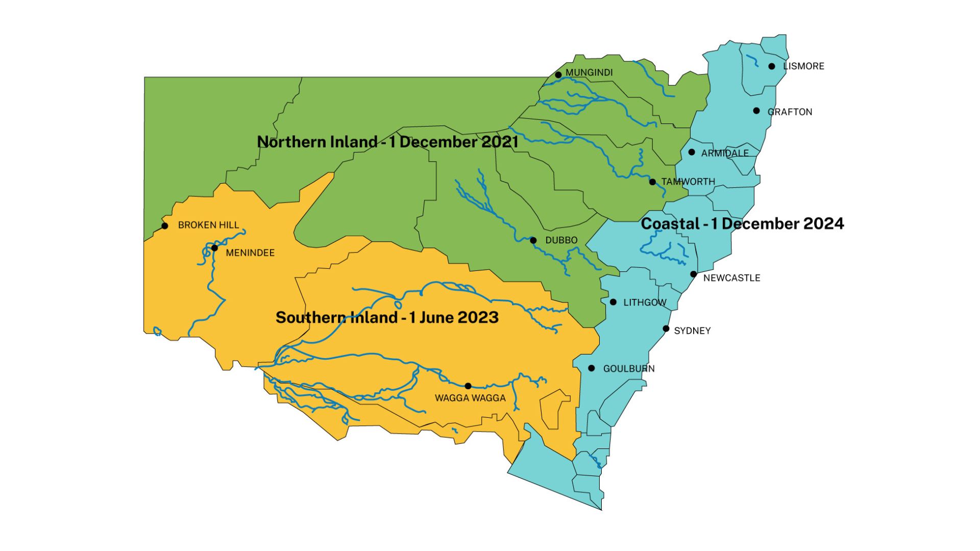 Map of NSW highlighting the three different metering region compliance deadlines for the Northern Inland, Southern Inland and Coastal.