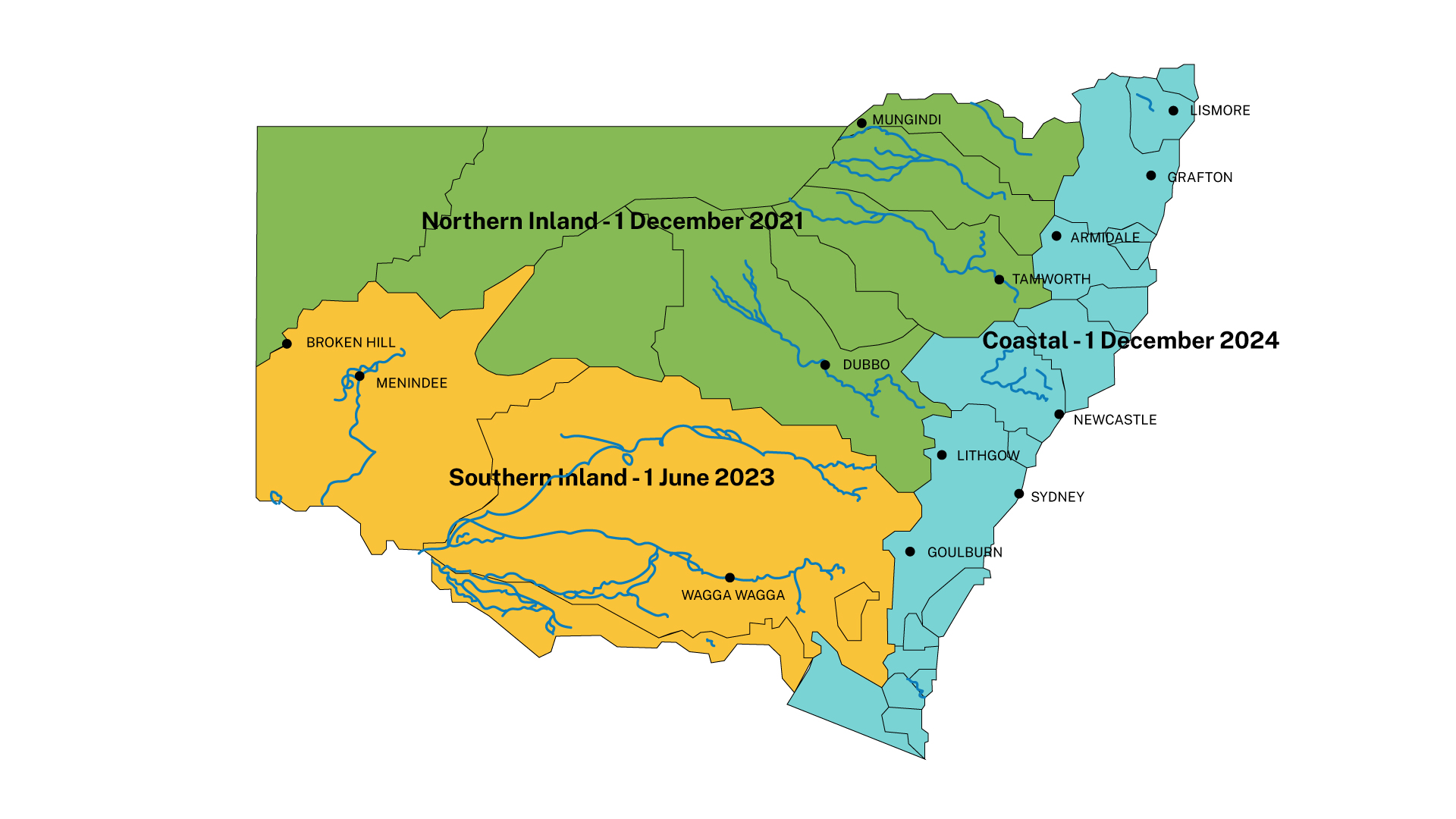 Map of NSW showing the metering deadlines for the three different regions