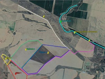 Aerial image of the Binneguy Station property with the extraction point, river and other details marked.