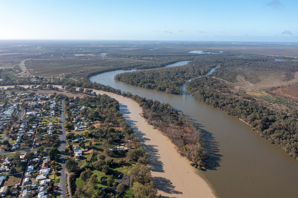 Aerial image of the Murray River at Wentworth where it meets the Darling River